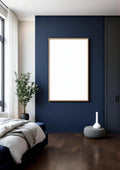 Bedroom Navy Editorial Room Mockup — Natural Oak Frame Portrait 2:3 — Perspective View — #03909 | MockupBulk