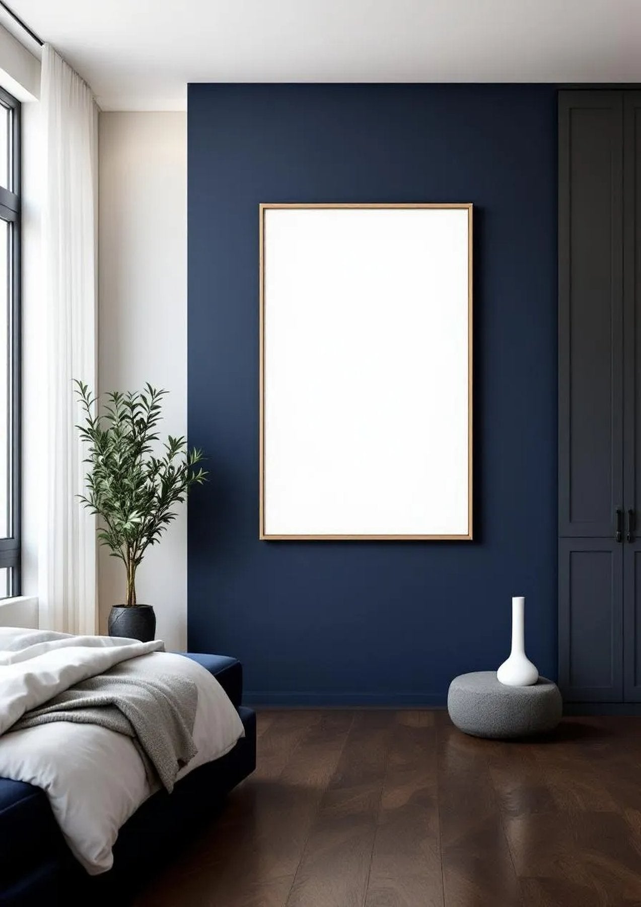 Bedroom Navy Editorial Room Mockup — Natural Oak Frame Portrait 2:3 — Perspective View — #03909 | MockupBulk