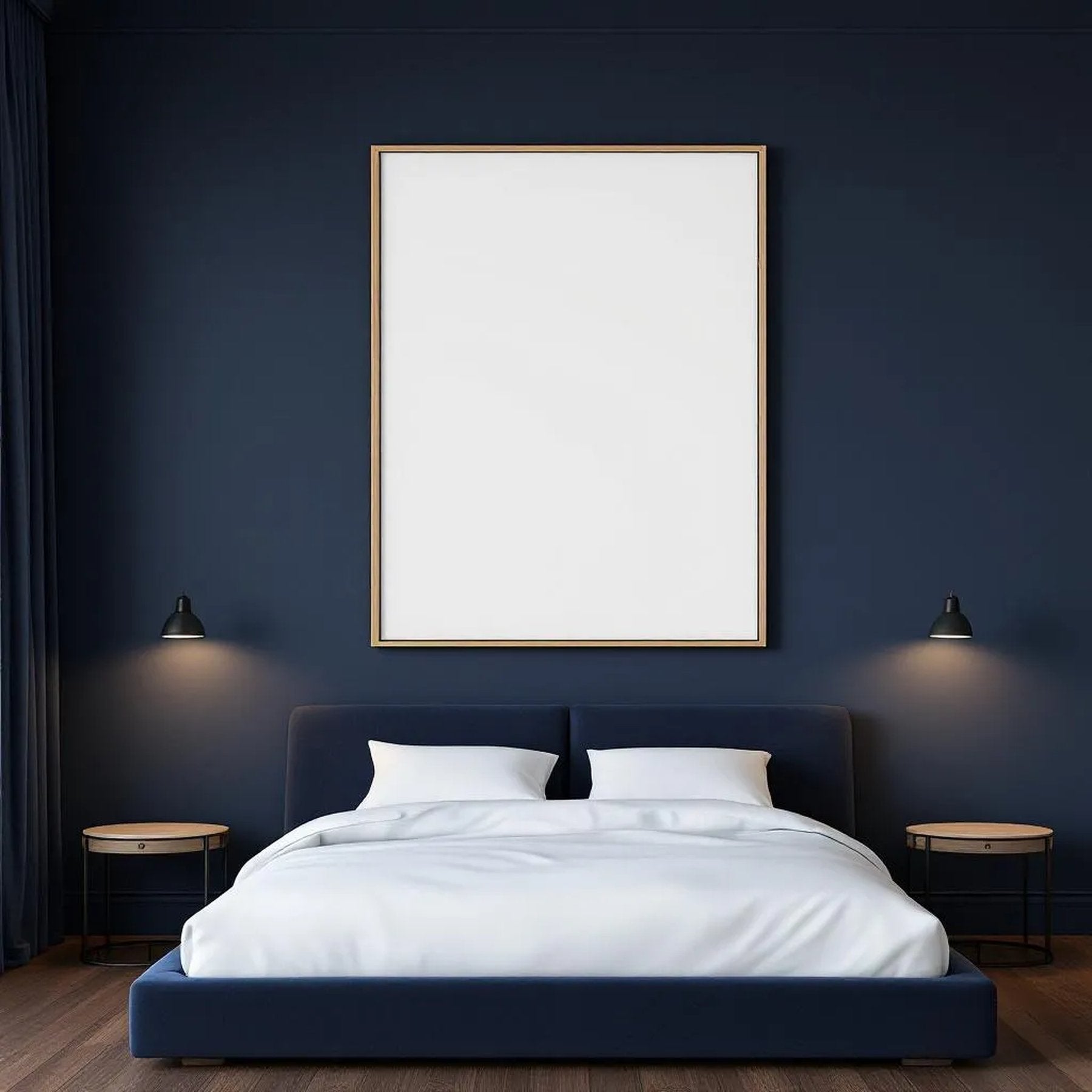 Bedroom Navy Wall Art Mockup — Plain Square Frame Portrait 2:3 — Perspective View — #03910 | MockupBulk