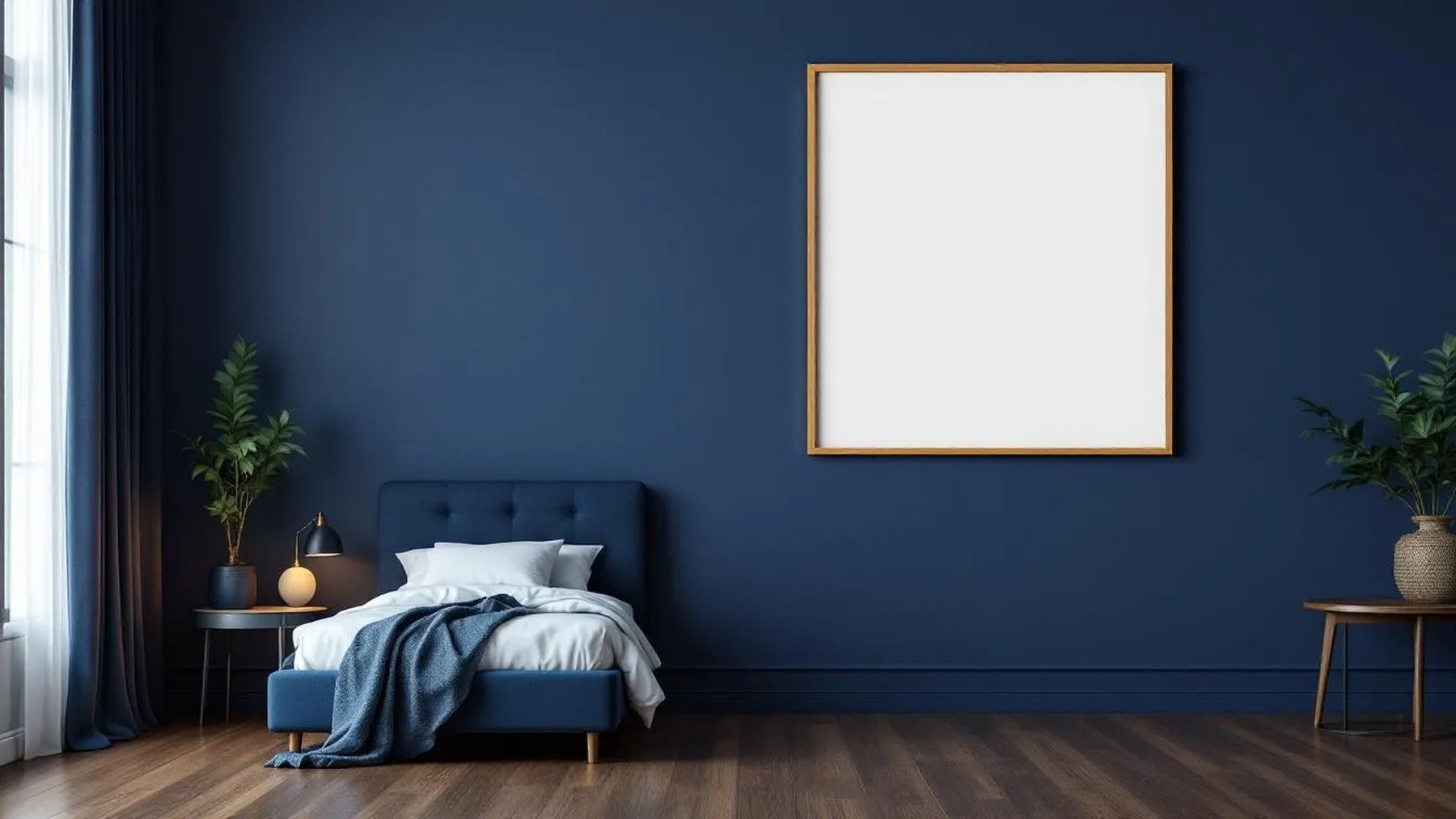 Bedroom Navy Wall Art Mockup — Natural Oak Frame Square 1:1 — Perspective View — #03911 | MockupBulk