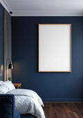 Bedroom Navy Editorial Room Mockup — Natural Oak Frame Landscape 3:4 — Perspective View — #03912 | MockupBulk