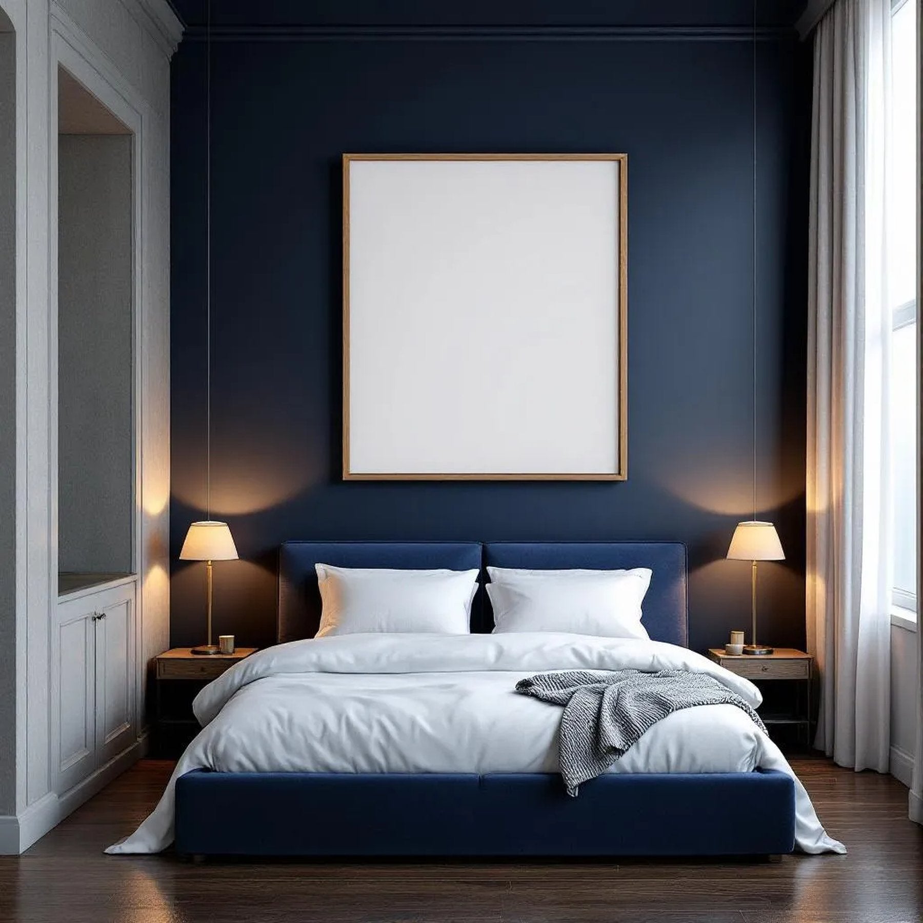 Bedroom Navy Editorial Room Mockup — Plain Square Frame Portrait 2:3 — Perspective View — #03913 | MockupBulk