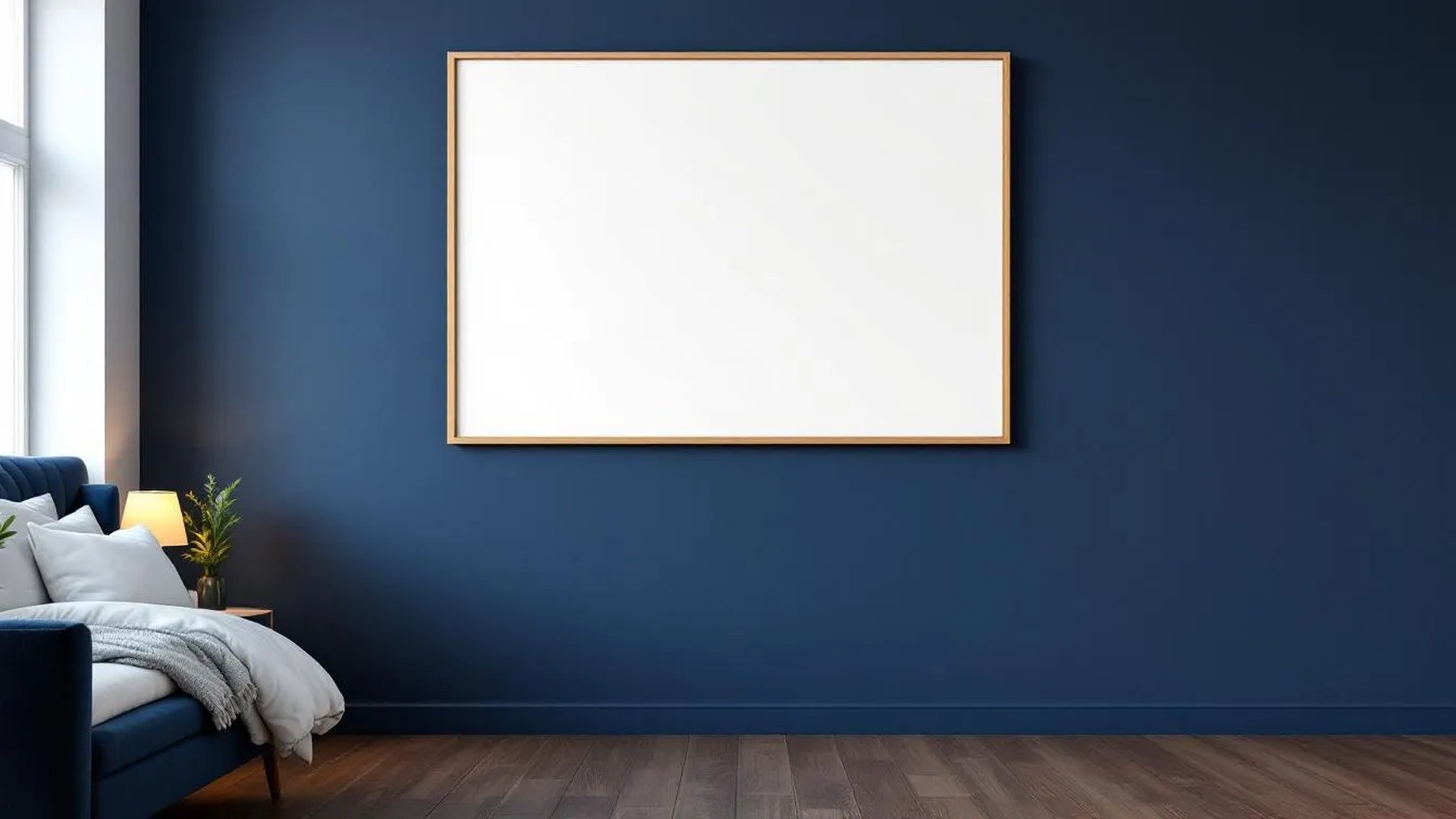 Bedroom Navy Room Scene Mockup — Natural Oak Frame Square 1:1 — Perspective View — #03914 | MockupBulk
