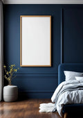 Bedroom Navy Styled Room Mockup — Natural Oak Frame Portrait 2:3 — Perspective View — #03915 | MockupBulk