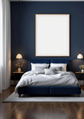 Bedroom Navy Wall Art Mockup — Natural Oak Frame Portrait 2:3 — Perspective View — #03918 | MockupBulk