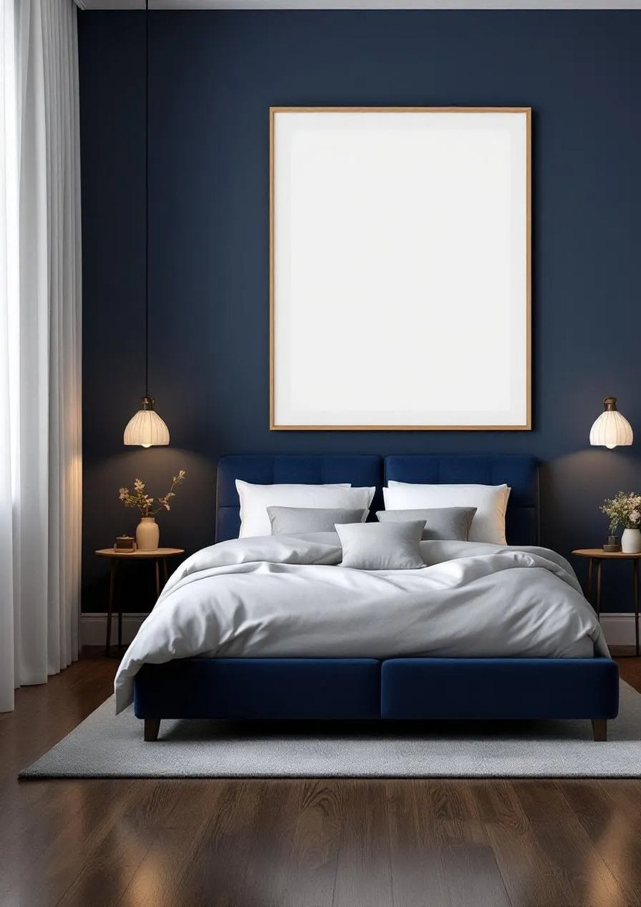 Bedroom Navy Wall Art Mockup — Natural Oak Frame Portrait 2:3 — Perspective View — #03918 | MockupBulk