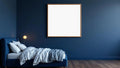 Bedroom Navy Wall Art Mockup — Natural Oak Frame Square 1:1 — Perspective View — #03920 | MockupBulk