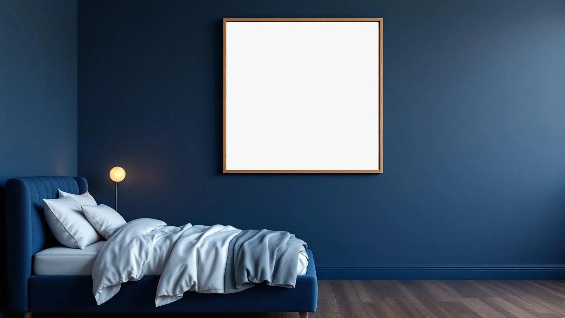 Bedroom Navy Wall Art Mockup — Natural Oak Frame Square 1:1 — Perspective View — #03920 | MockupBulk