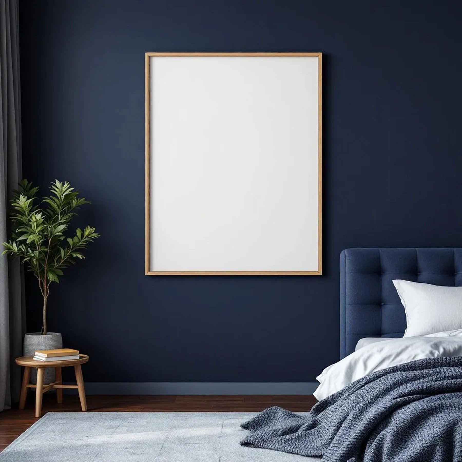 Bedroom Navy Frame Display Mockup — Plain Square Frame Landscape 11x14 — Perspective View — #03922 | MockupBulk