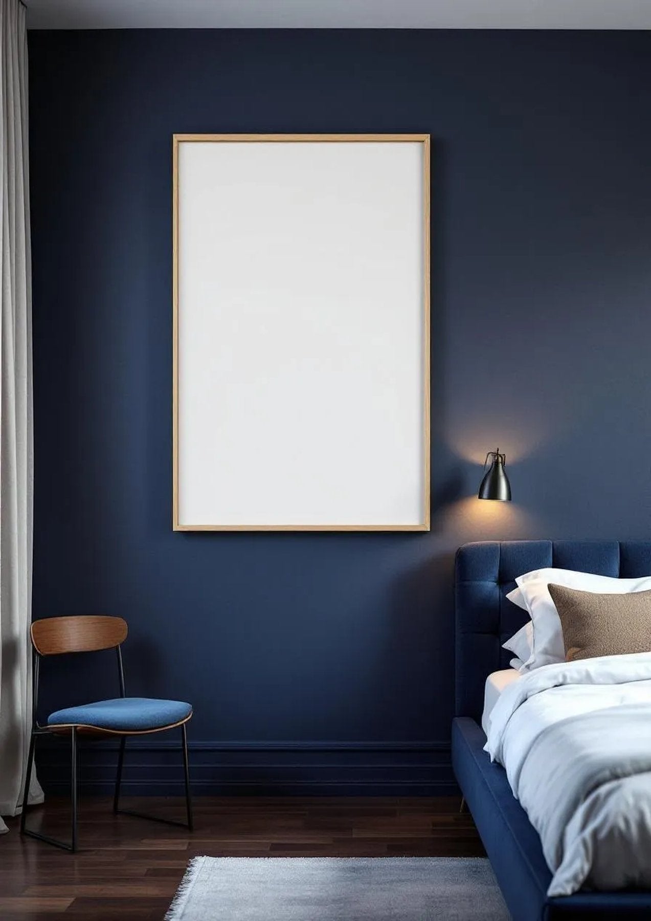 Bedroom Navy Editorial Room Mockup — Natural Oak Frame Portrait 2:3 — Perspective View — #03924 | MockupBulk