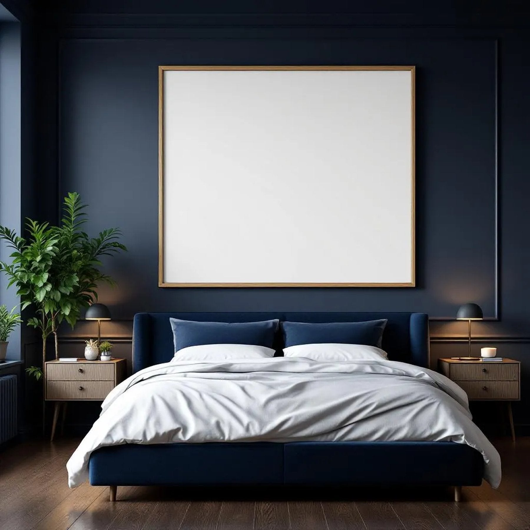 Bedroom Navy Lifestyle Frame Mockup — Plain Square Frame Portrait 4:5 — Perspective View — #03925 | MockupBulk