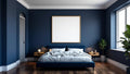 Bedroom Navy Room Scene Mockup — Natural Oak Frame Portrait 2:3 — Perspective View — #03926 | MockupBulk