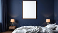 Bedroom Navy Room Scene Mockup — Walnut Frame Portrait 2:3 — Perspective View — #03929 | MockupBulk