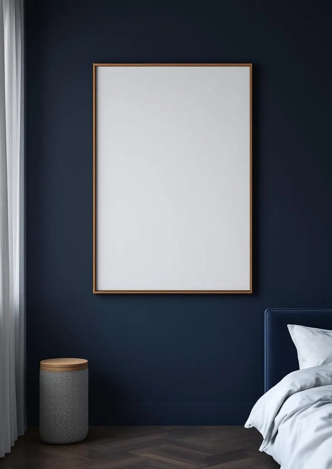 Bedroom Navy Editorial Room Mockup — Walnut Frame Portrait 2:3 — Perspective View — #03930 | MockupBulk
