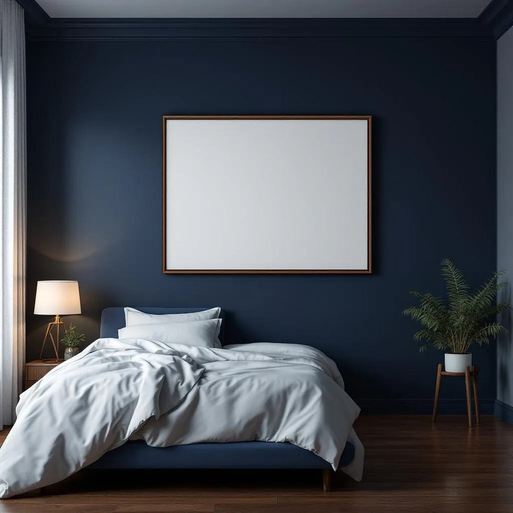 Bedroom Navy Styled Room Mockup — Plain Square Frame Portrait 2:3 — Perspective View — #03931 | MockupBulk