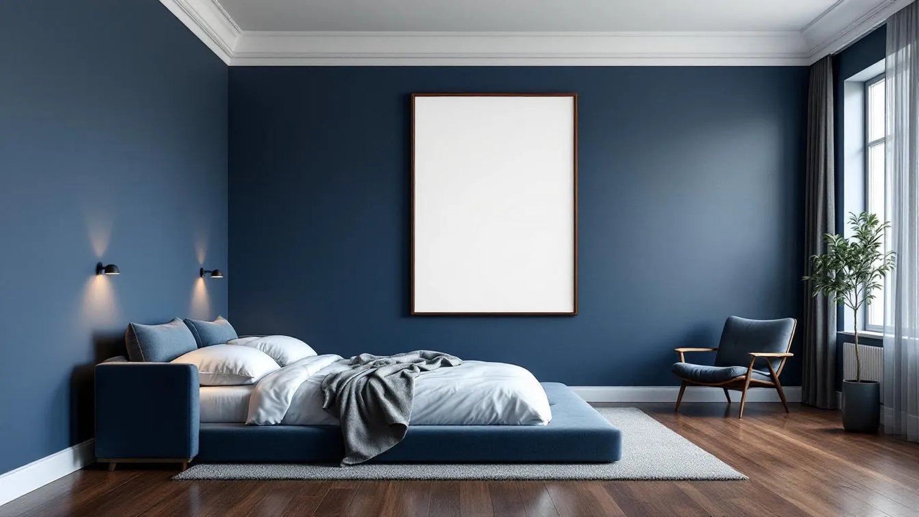Bedroom Navy Professional Frame Mockup — Walnut Frame Portrait 2:3 — Perspective View — #03932 | MockupBulk