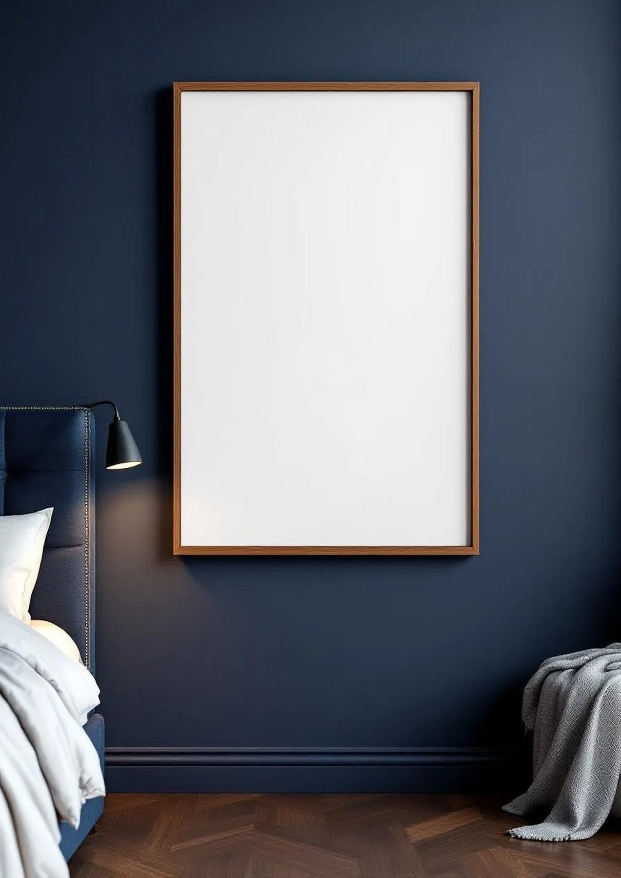 Bedroom Navy Premium Interior Mockup — Walnut Frame Portrait 2:3 — Perspective View — #03933 | MockupBulk
