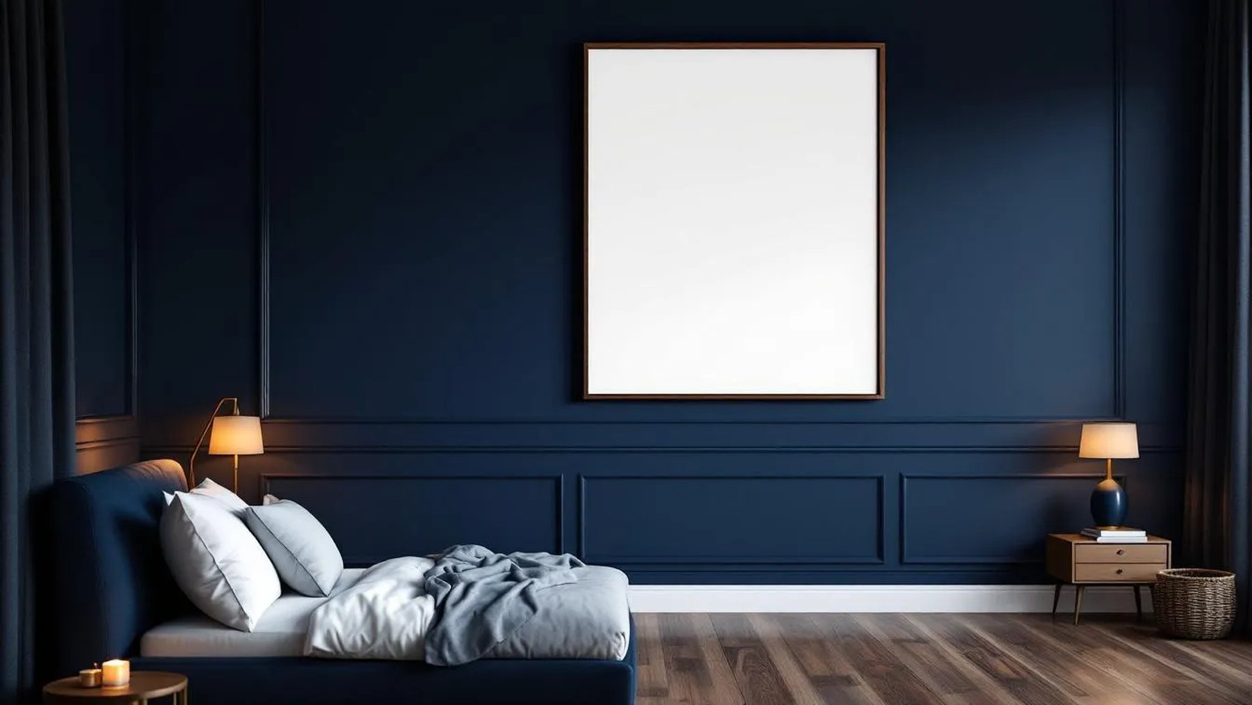 Bedroom Navy Lifestyle Frame Mockup — Walnut Frame Portrait 2:3 — Perspective View — #03935 | MockupBulk