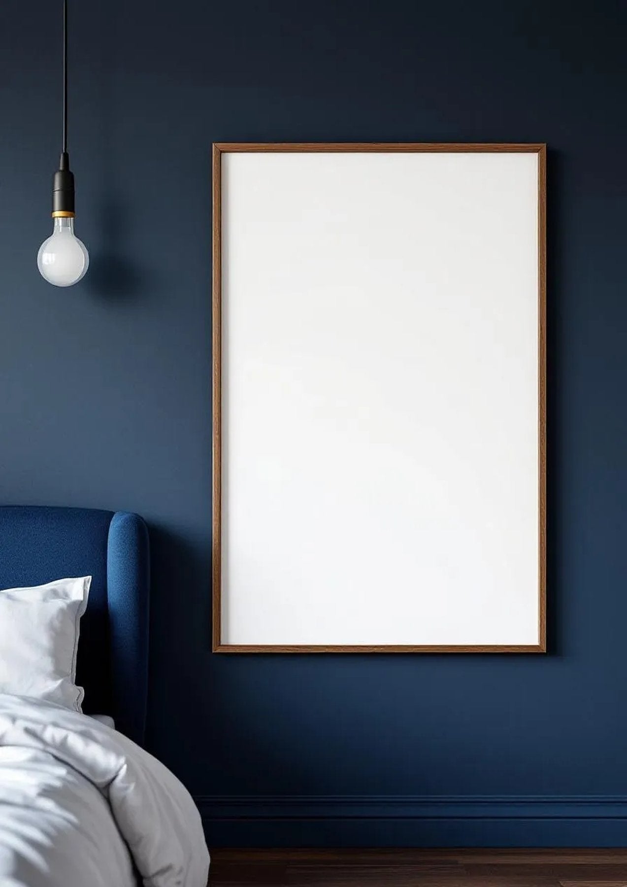 Bedroom Navy Editorial Room Mockup — Walnut Frame Portrait 2:3 — Perspective View — #03936 | MockupBulk