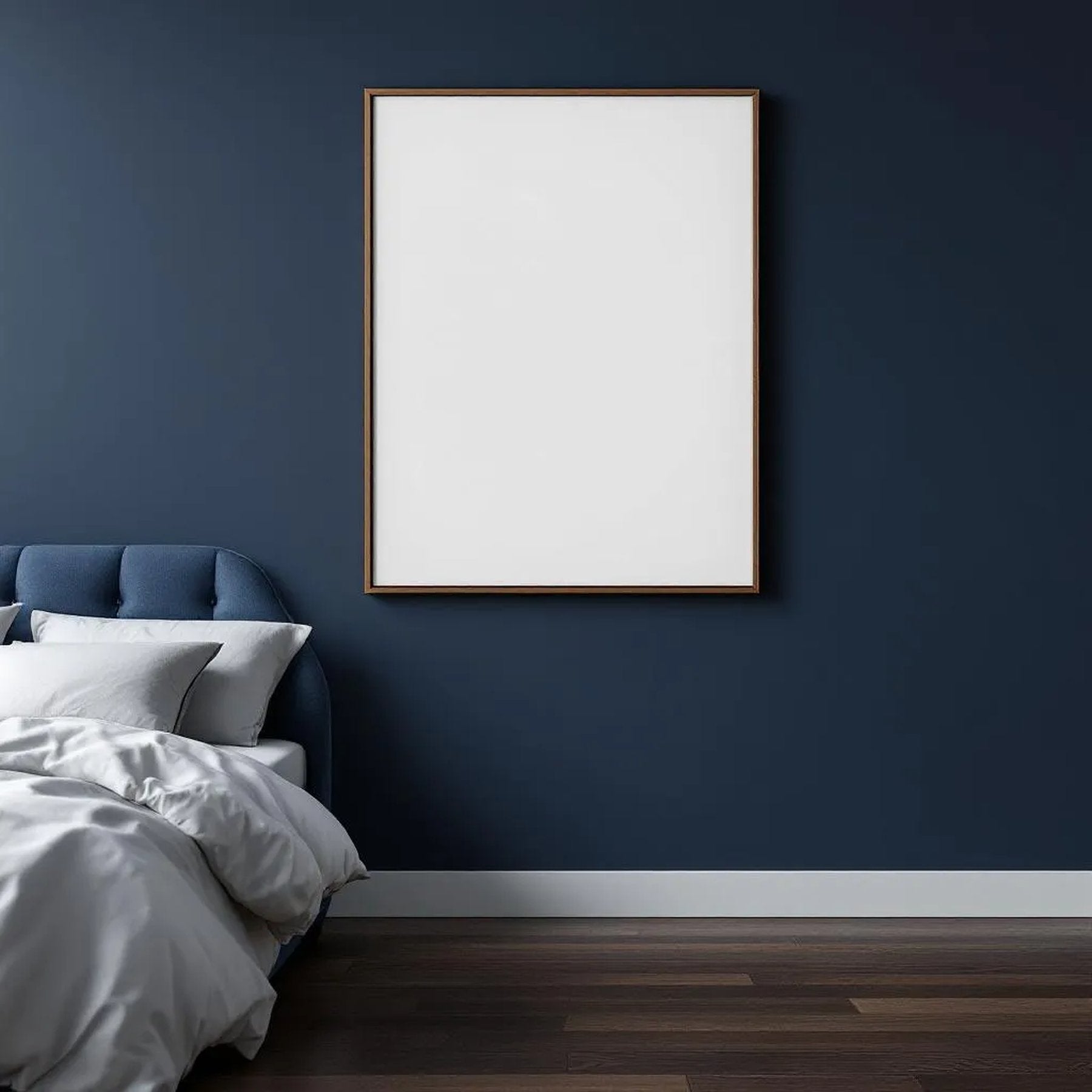 Bedroom Navy Frame Display Mockup — Plain Square Frame Landscape 3:4 — Perspective View — #03937 | MockupBulk