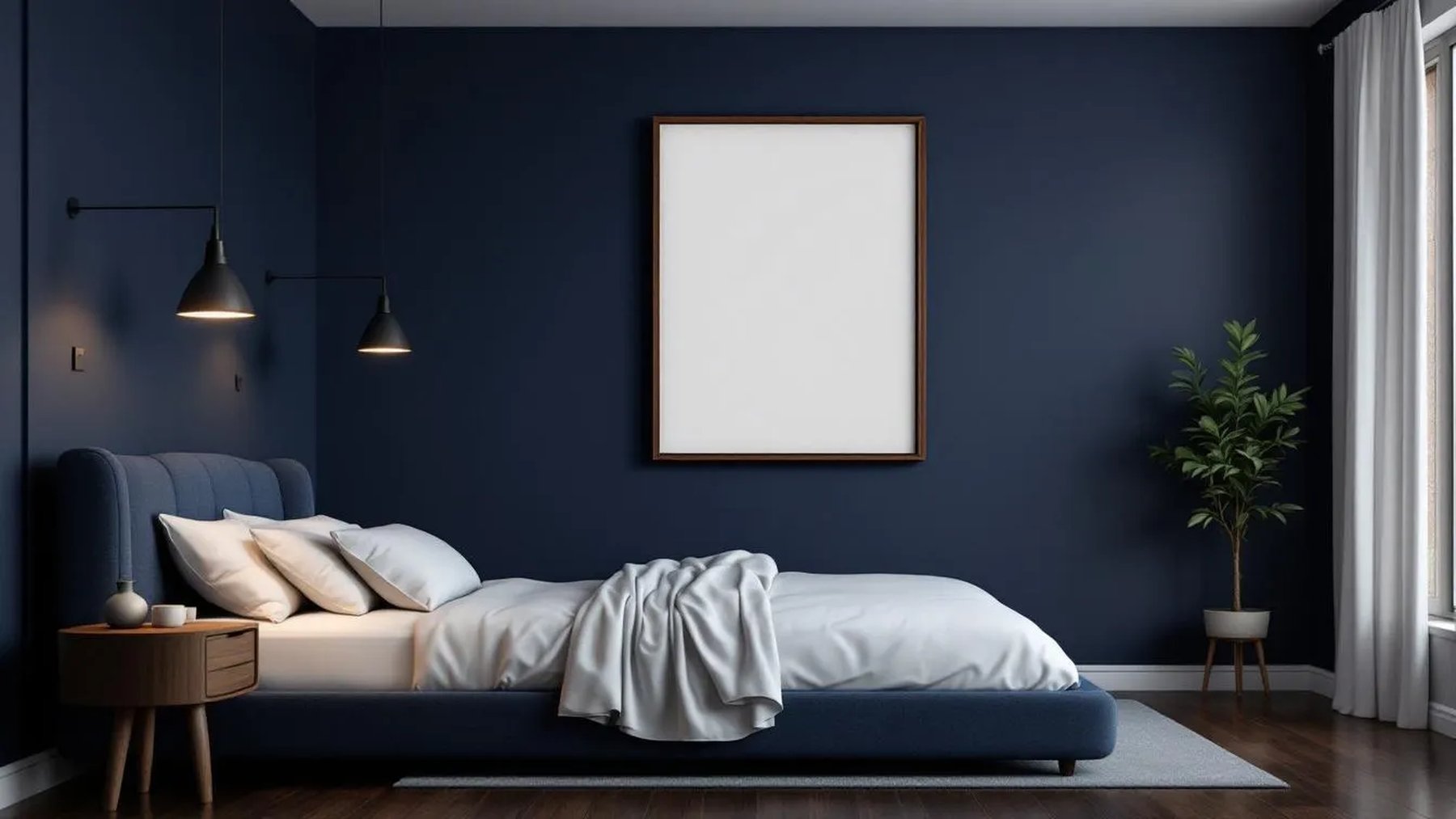 Bedroom Navy Professional Frame Mockup — Walnut Frame Landscape 3:4 — Perspective View — #03938 | MockupBulk