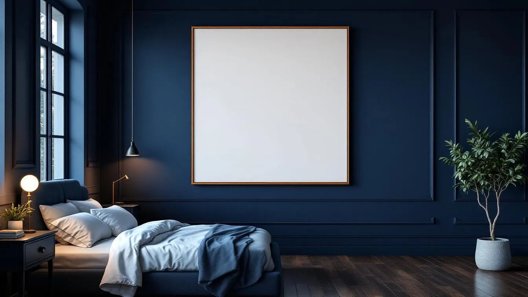 Bedroom Navy Professional Frame Mockup — Walnut Frame Landscape 11x14 — Perspective View — #03941 | MockupBulk
