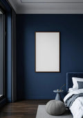 Bedroom Navy Wall Art Mockup — Walnut Frame Portrait 2:3 — Perspective View — #03942 | MockupBulk