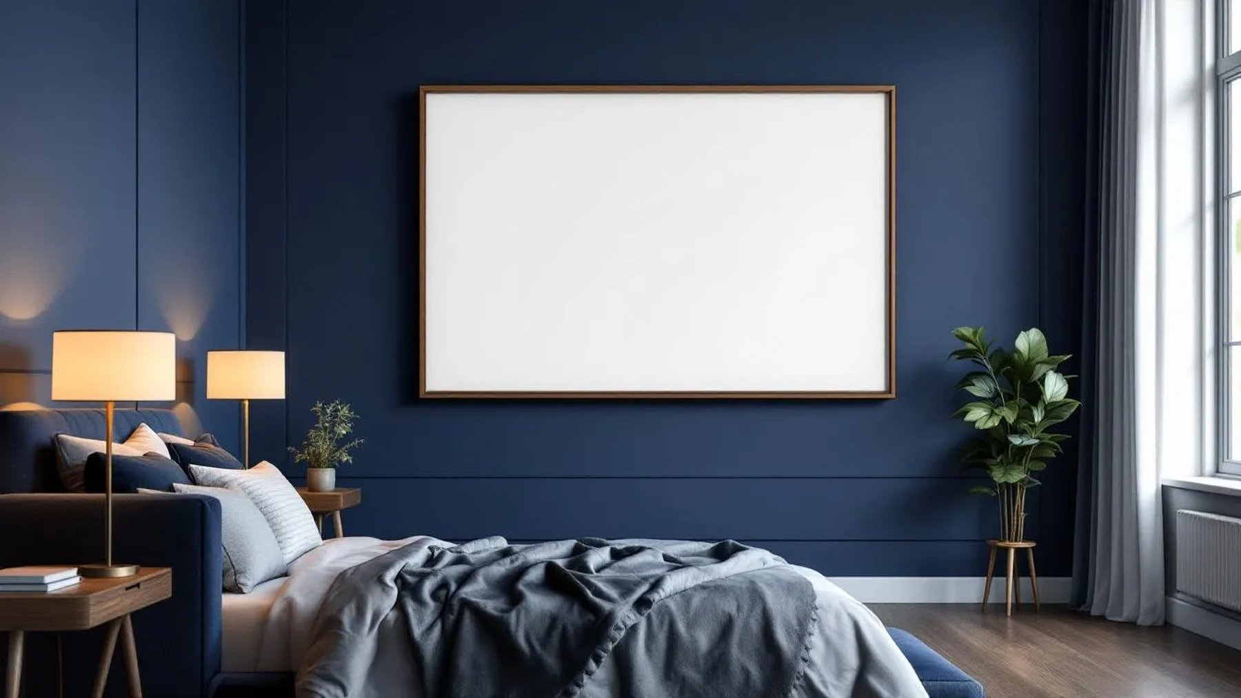 Bedroom Navy Premium Interior Mockup — Walnut Frame Square 1:1 — Perspective View — #03944 | MockupBulk