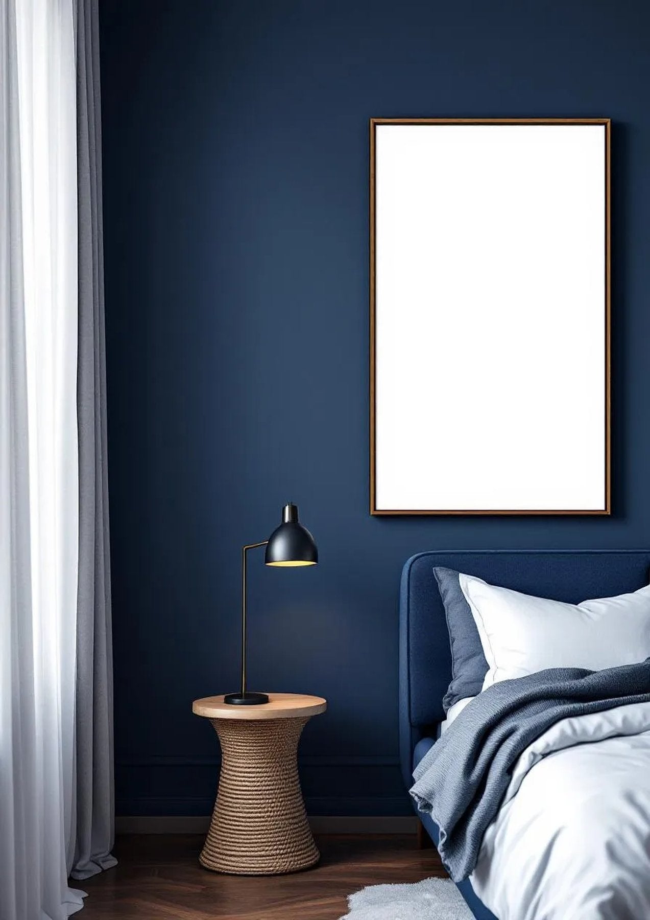 Bedroom Navy High-Res Frame Mockup — Walnut Frame Portrait 2:3 — Perspective View — #03945 | MockupBulk