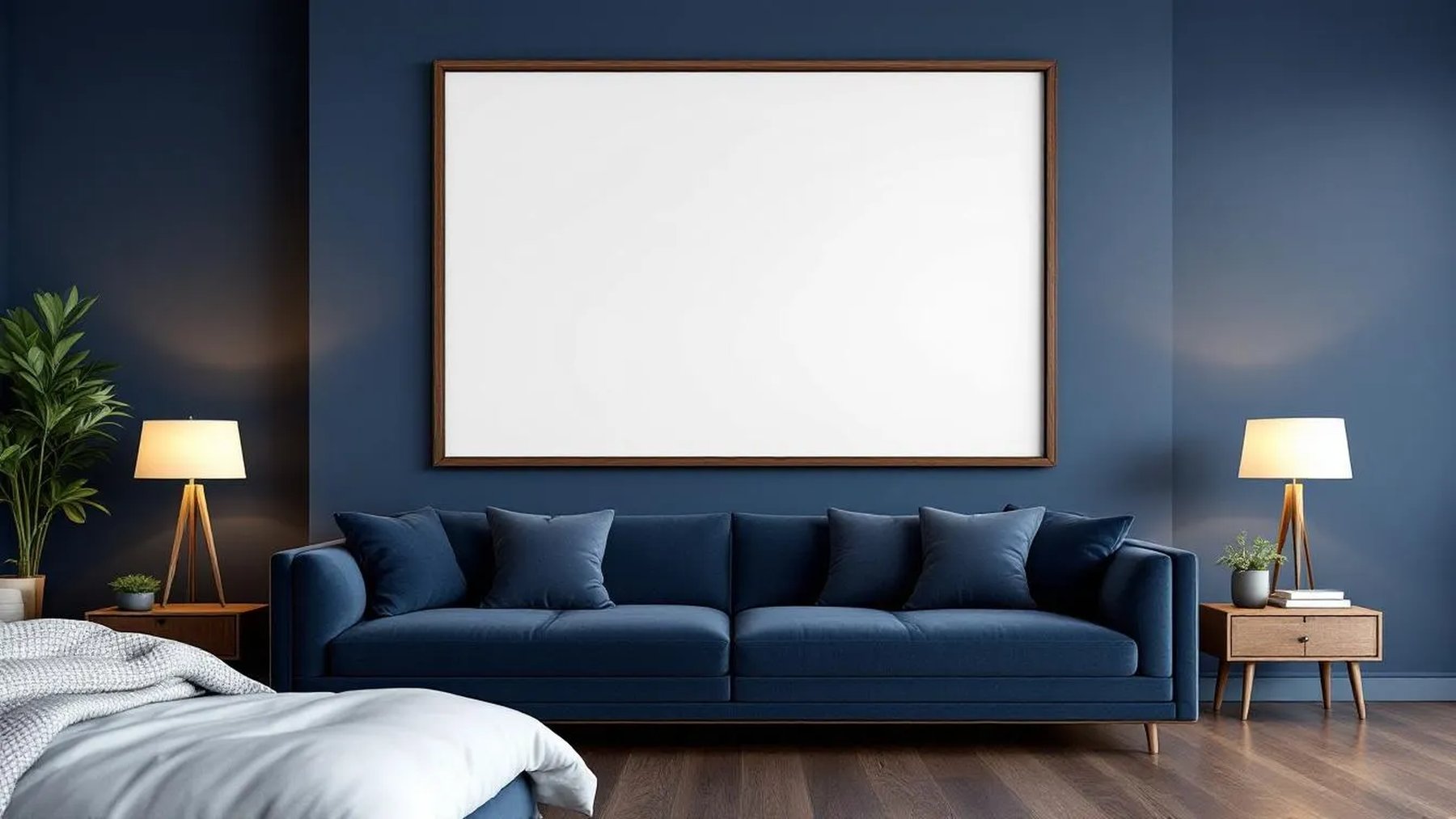 Bedroom Navy Interior Frame Mockup — Walnut Frame Square 1:1 — Perspective View — #03947 | MockupBulk