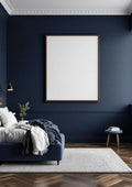Bedroom Navy Interior Frame Mockup — Walnut Frame Portrait 2:3 — Perspective View — #03948 | MockupBulk