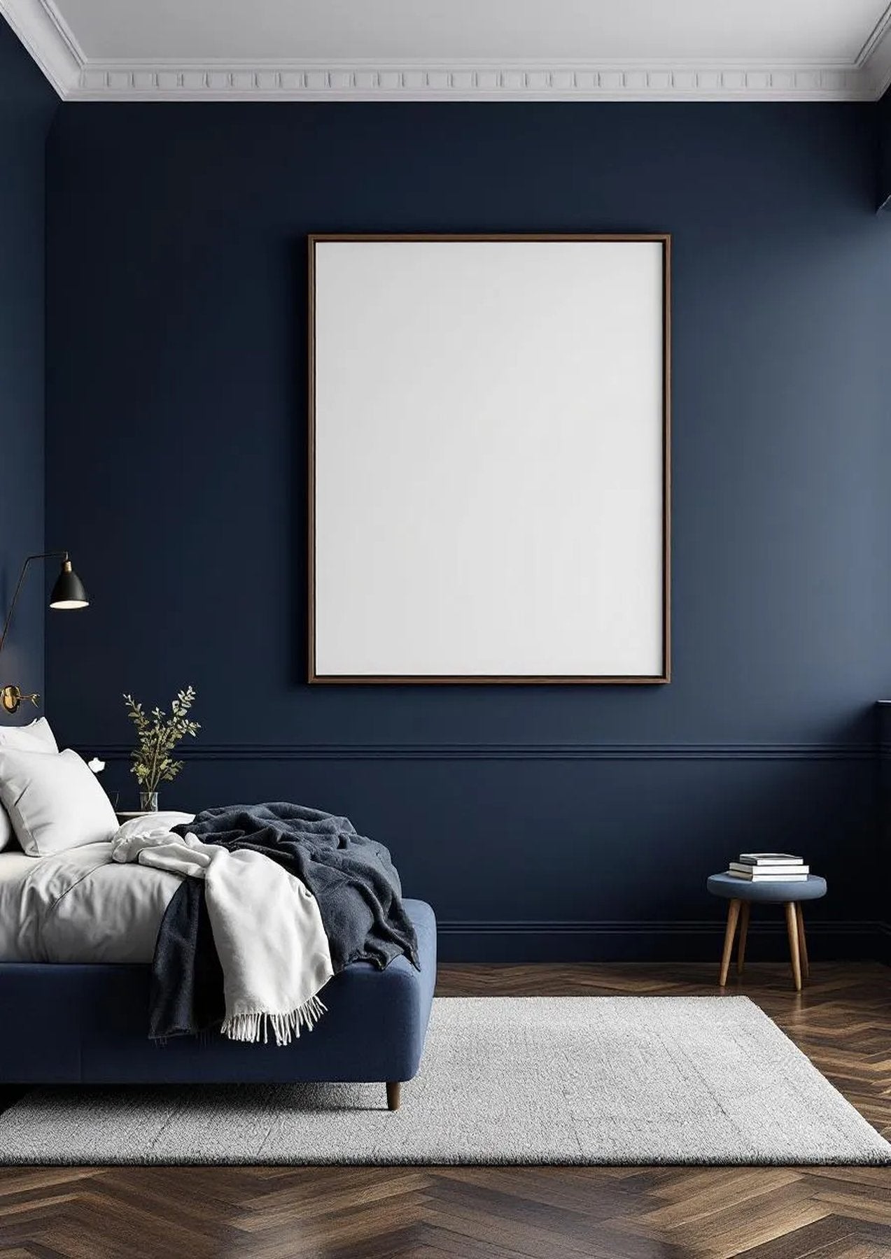 Bedroom Navy Interior Frame Mockup — Walnut Frame Portrait 2:3 — Perspective View — #03948 | MockupBulk