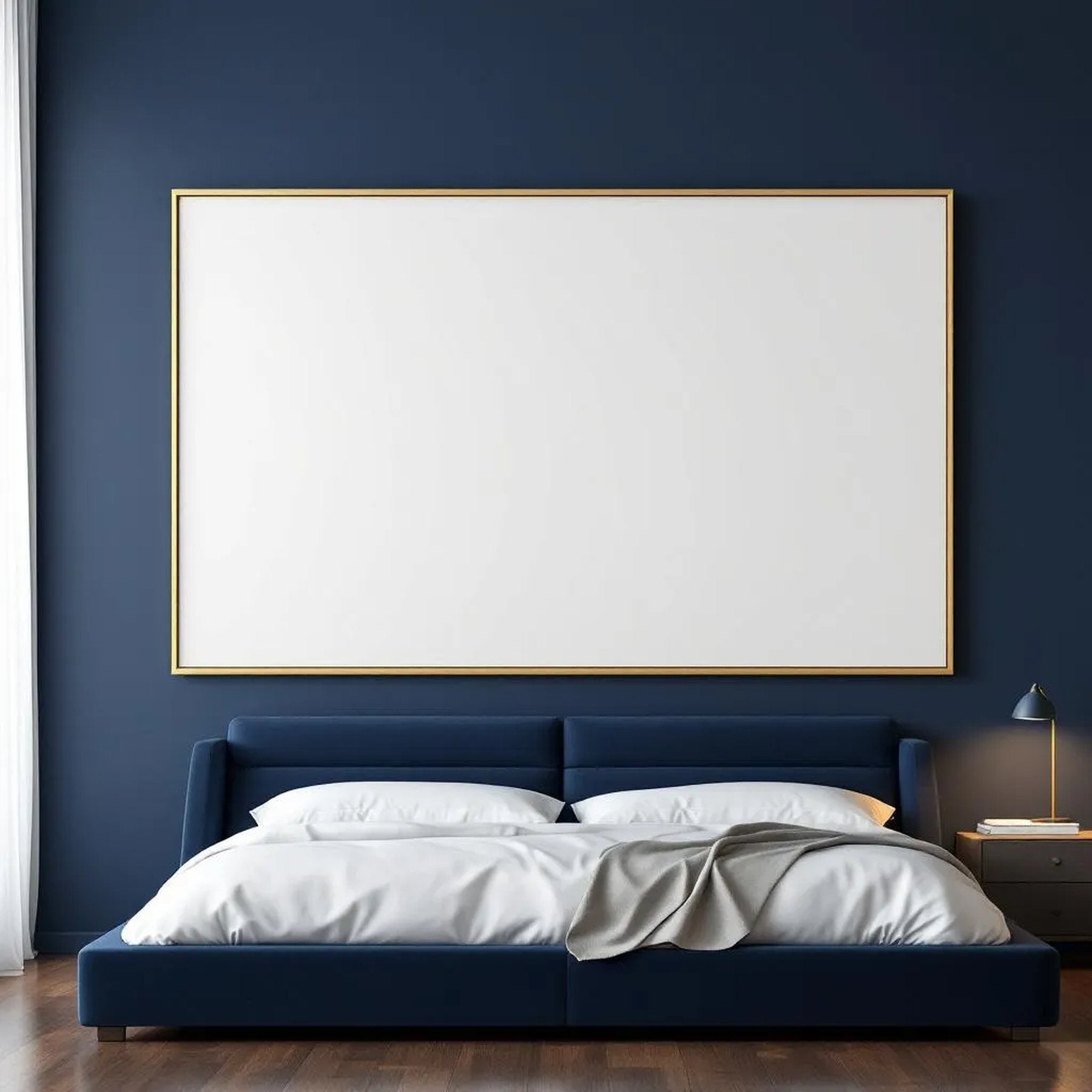 Bedroom Navy Professional Frame Mockup — Plain Square Frame Landscape 11x14 — Perspective View — #03949 | MockupBulk
