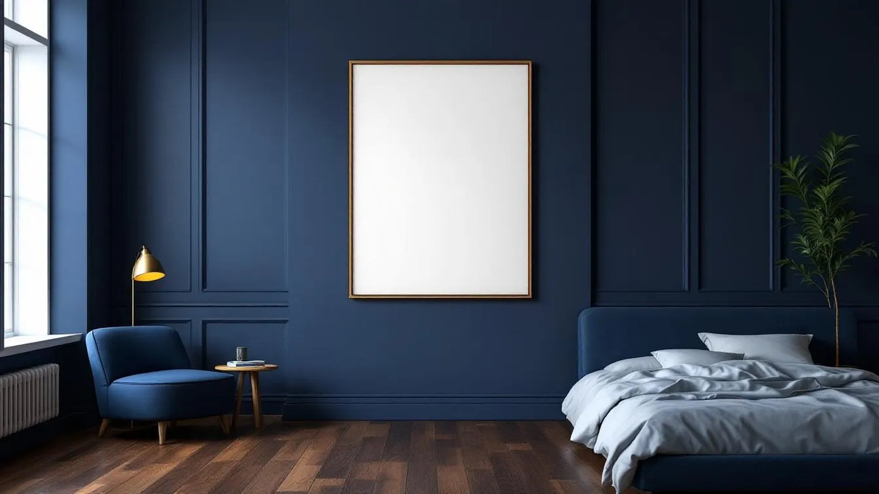 Bedroom Navy High-Res Frame Mockup — Gold Frame A-Series (A4 / A3) — Perspective View — #03950 | MockupBulk