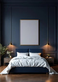 Bedroom Navy Interior Frame Mockup — Gold Frame Portrait 2:3 — Perspective View — #03951 | MockupBulk