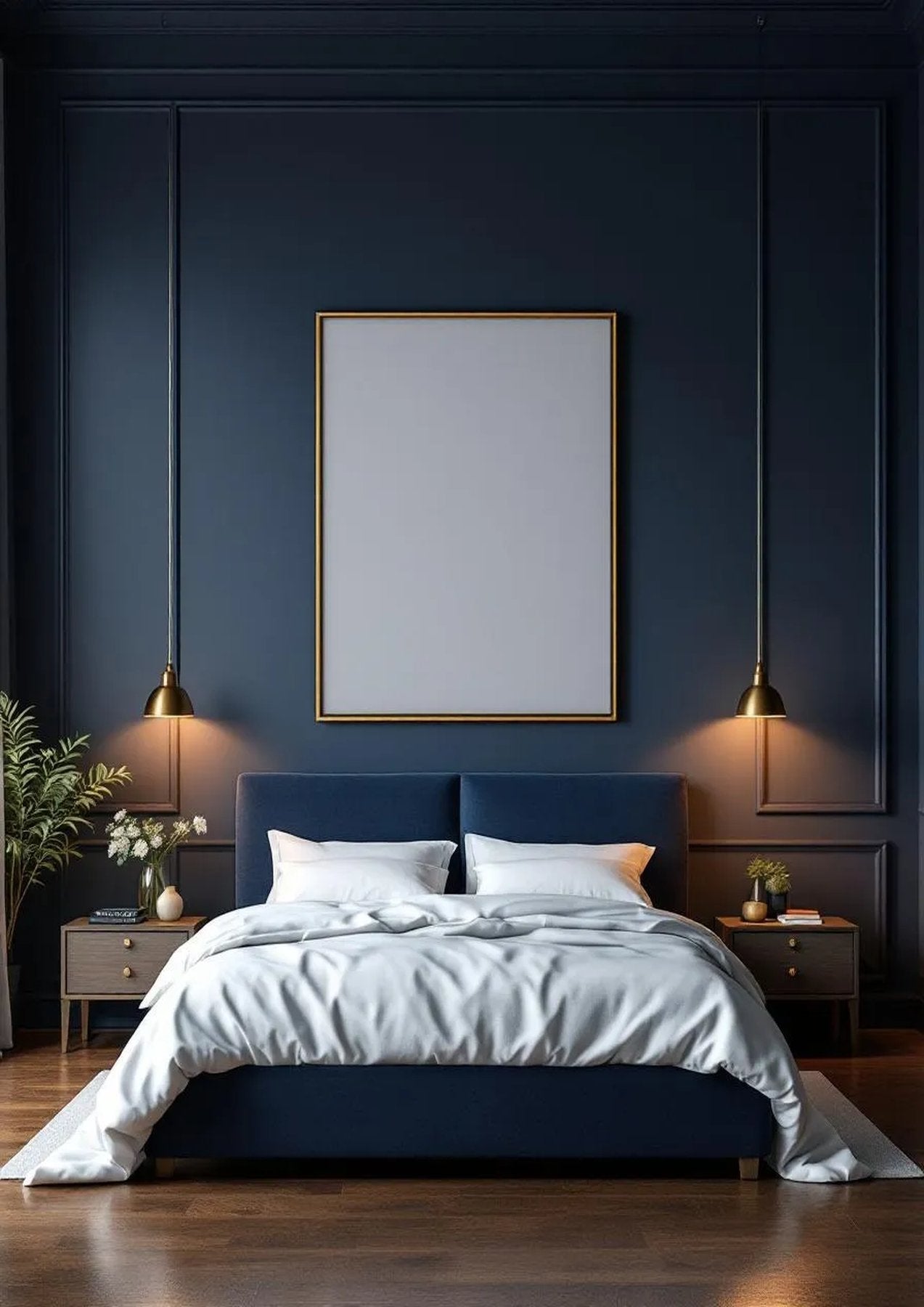 Bedroom Navy Interior Frame Mockup — Gold Frame Portrait 2:3 — Perspective View — #03951 | MockupBulk