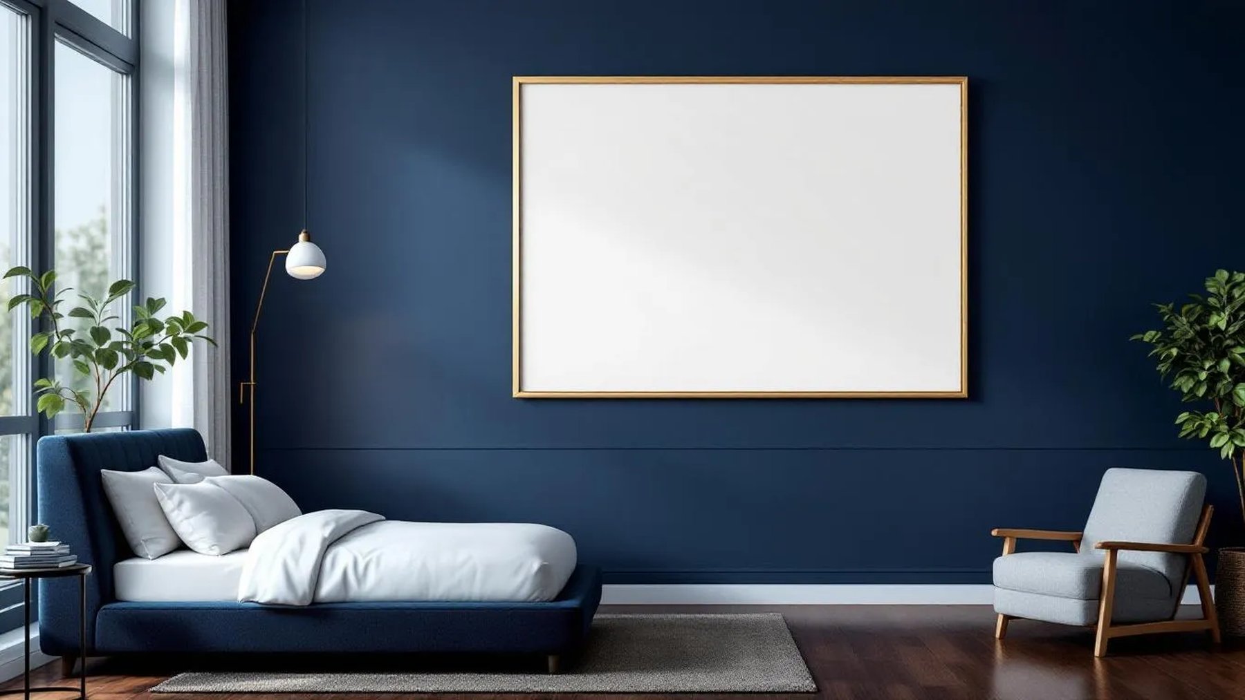 Bedroom Navy Room Scene Mockup — Gold Frame Square 1:1 — Perspective View — #03953 | MockupBulk
