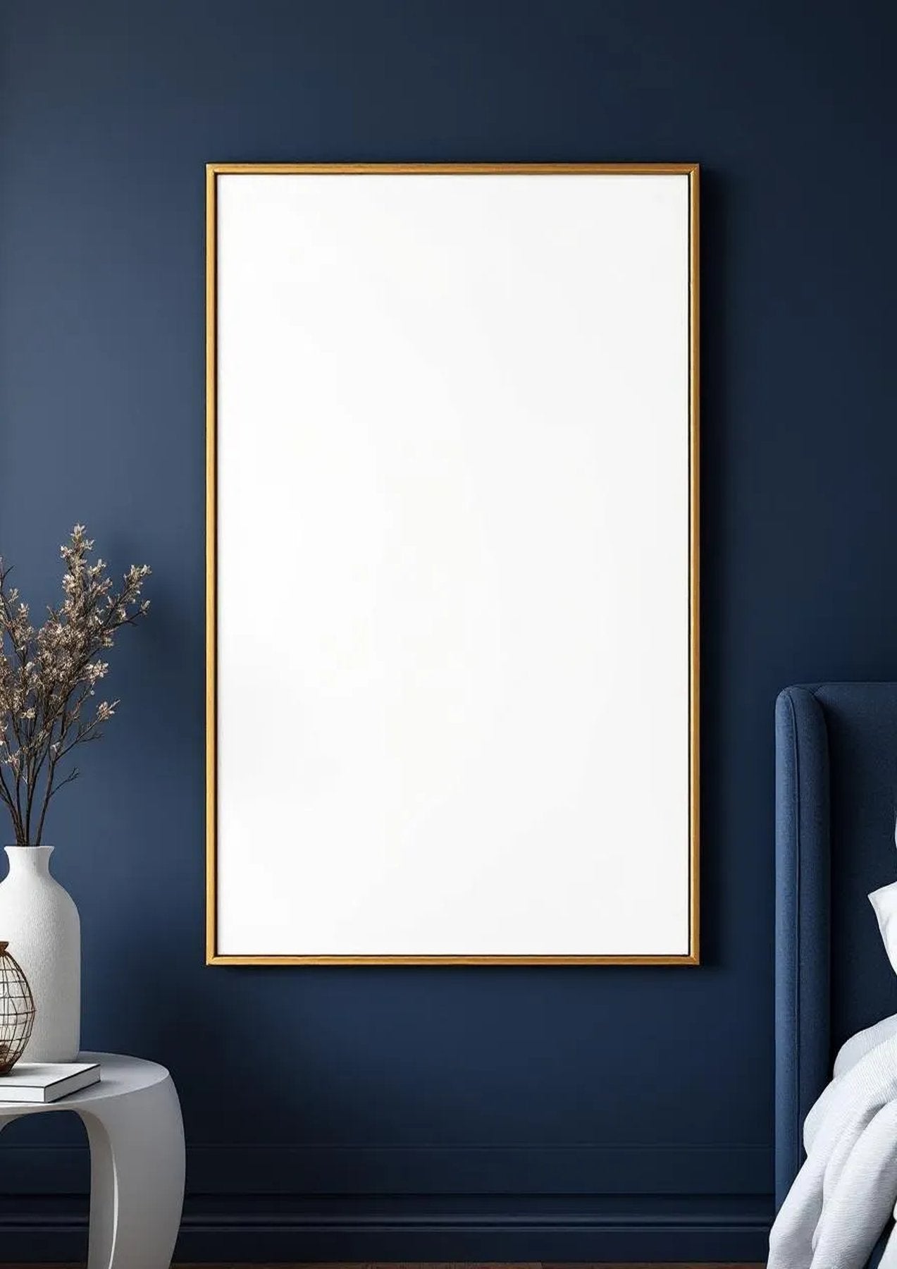 Bedroom Navy Frame Display Mockup — Gold Frame Portrait 2:3 — Perspective View — #03954 | MockupBulk