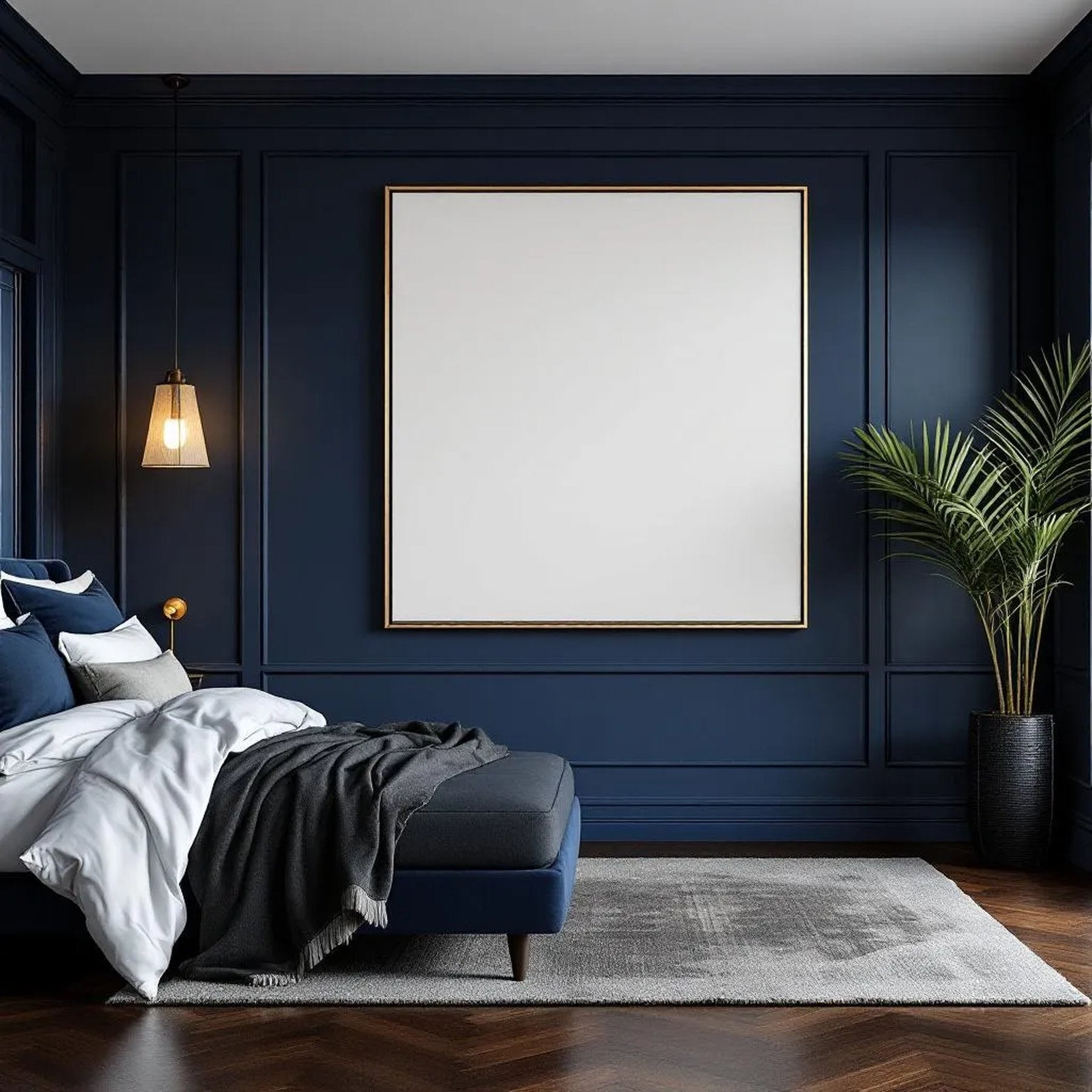 Bedroom Navy Wall Art Mockup — Plain Square Frame Portrait 4:5 — Perspective View — #03955 | MockupBulk