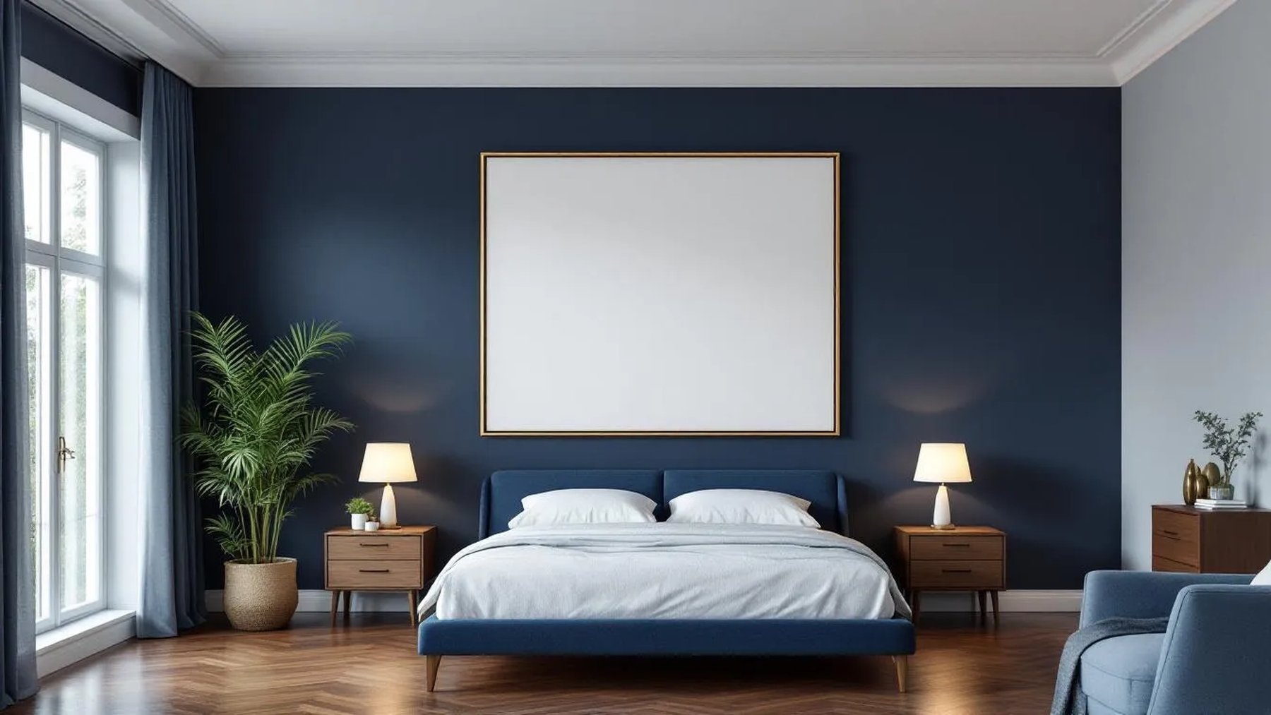 Bedroom Navy High-Res Frame Mockup — Gold Frame Portrait 2:3 — Perspective View — #03956 | MockupBulk