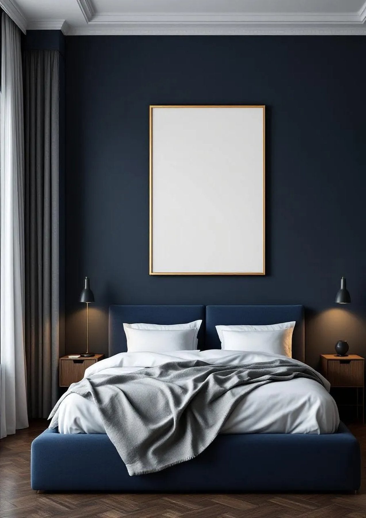 Bedroom Navy Premium Interior Mockup — Gold Frame Portrait 2:3 — Perspective View — #03957 | MockupBulk