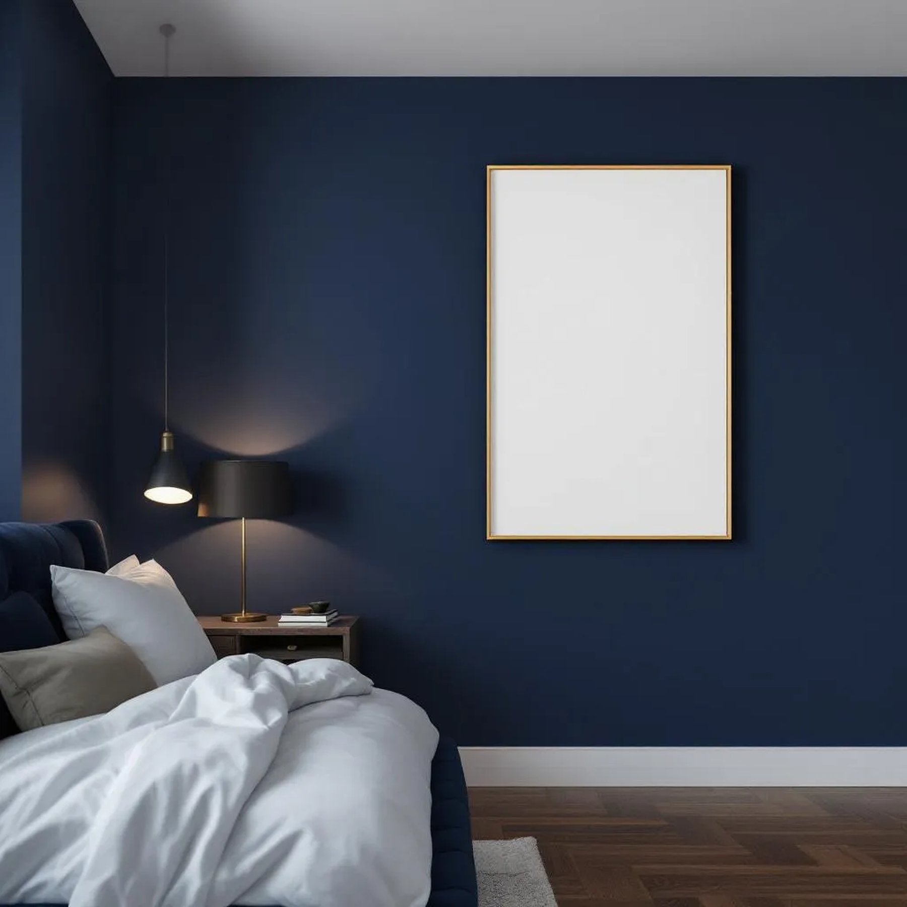 Bedroom Navy Styled Room Mockup — Plain Square Frame Portrait 2:3 — Perspective View — #03958 | MockupBulk