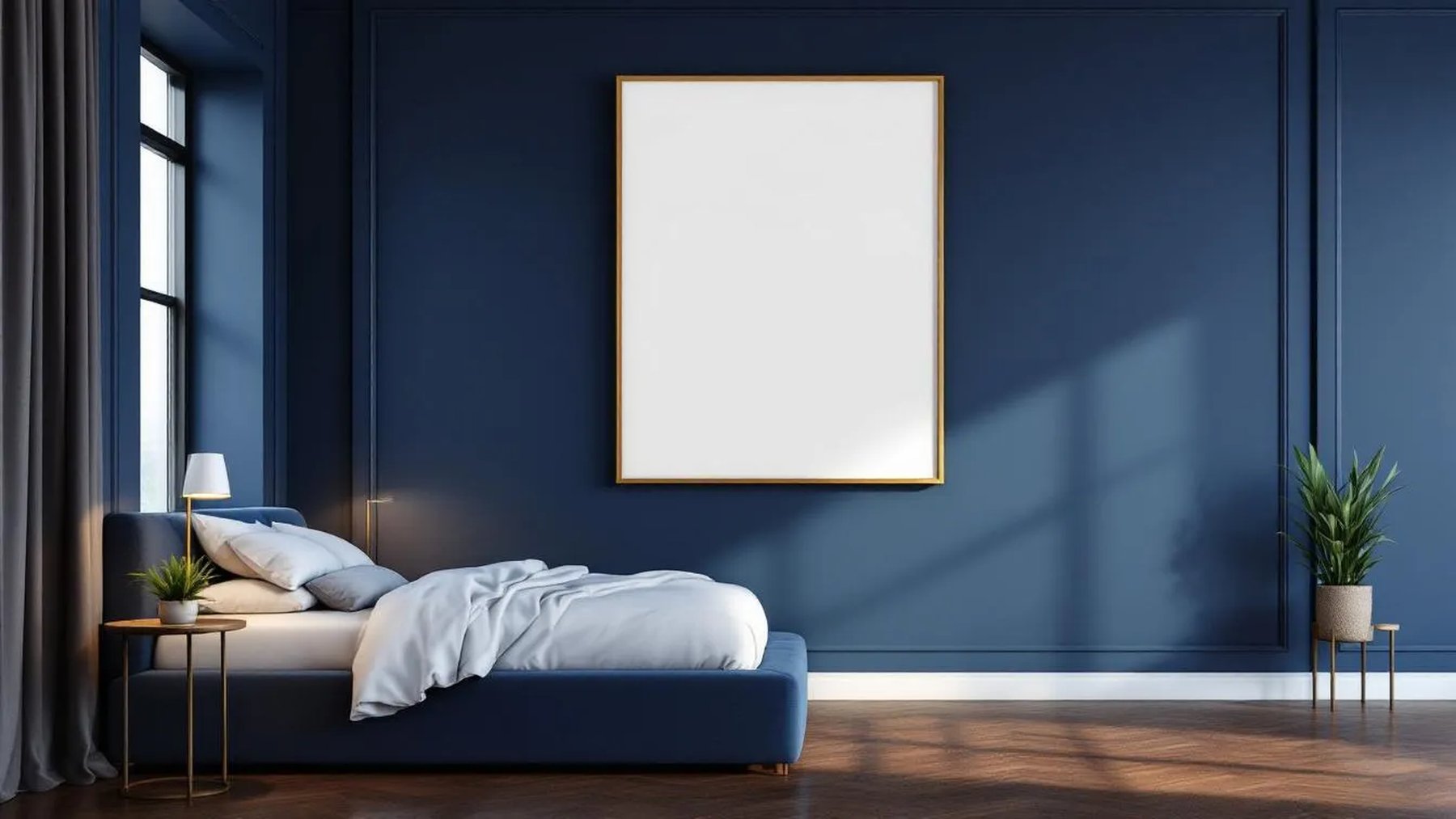 Bedroom Navy Wall Art Mockup — Gold Frame Portrait 2:3 — Perspective View — #03959 | MockupBulk