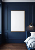 Bedroom Navy Wall Art Mockup — Gold Frame Portrait 2:3 — Perspective View — #03960 | MockupBulk