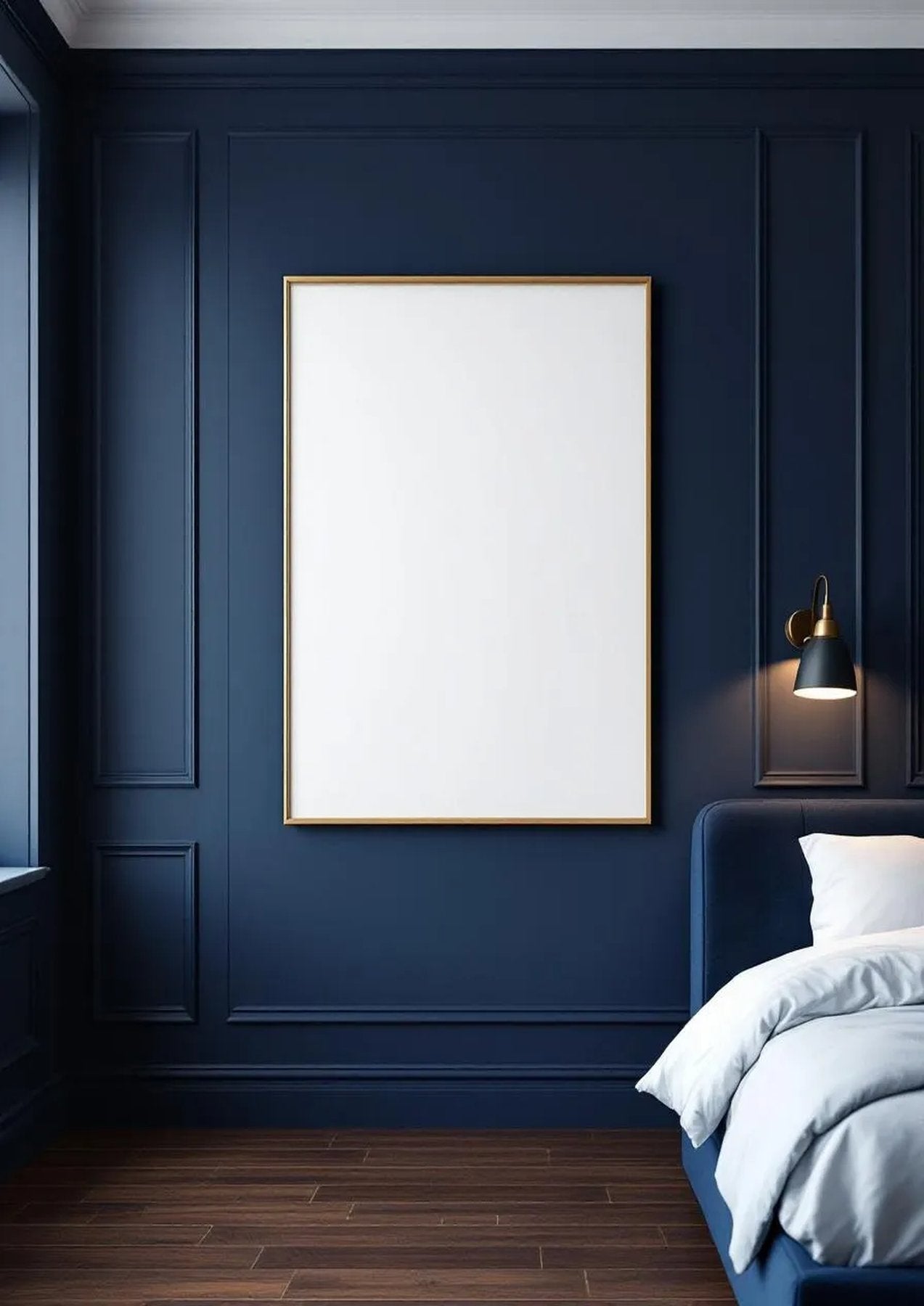 Bedroom Navy Wall Art Mockup — Gold Frame Portrait 2:3 — Perspective View — #03960 | MockupBulk