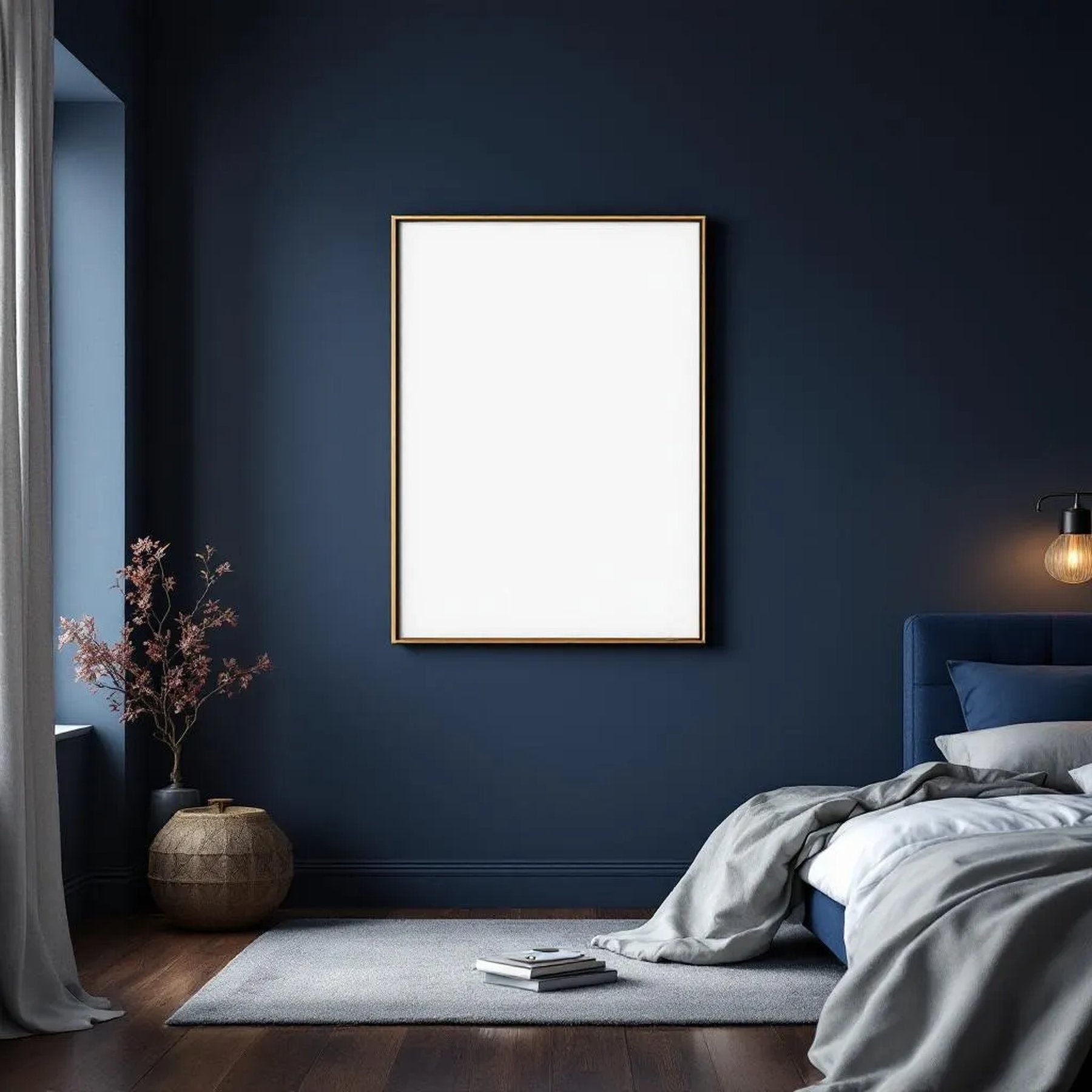 Bedroom Navy Lifestyle Frame Mockup — Plain Square Frame Portrait 5:7 — Perspective View — #03961 | MockupBulk