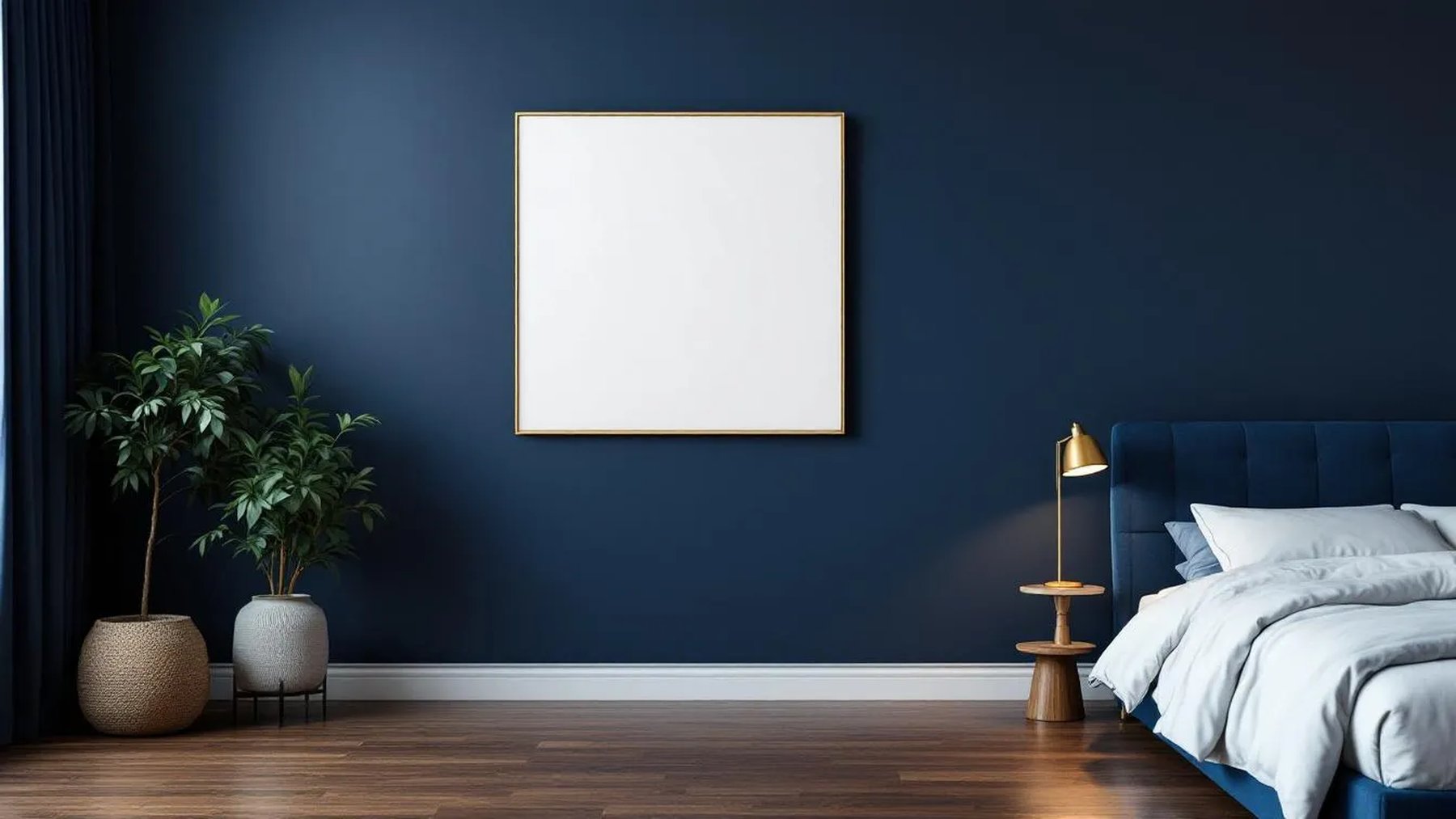 Bedroom Navy Professional Frame Mockup — Gold Frame Portrait 2:3 — Perspective View — #03962 | MockupBulk