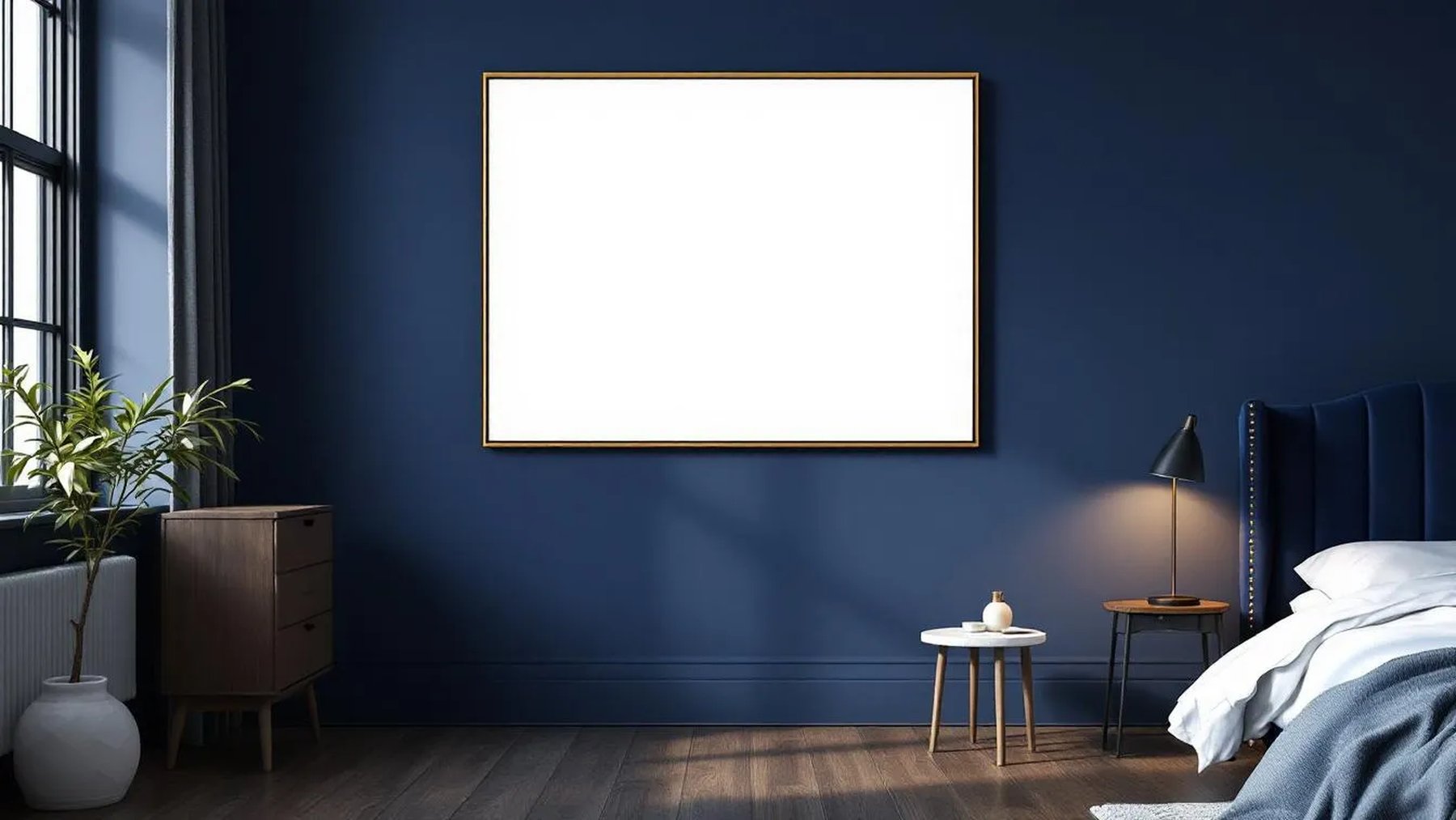 Bedroom Navy Professional Frame Mockup — Gold Frame Square 1:1 — Perspective View — #03965 | MockupBulk