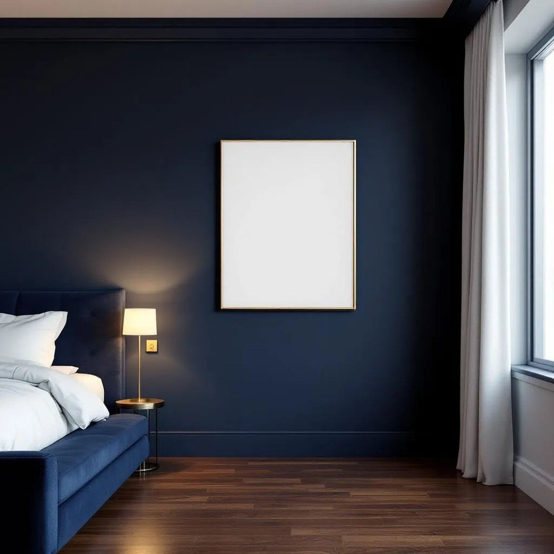 Bedroom Navy Frame Display Mockup — Plain Square Frame Landscape 11x14 — Perspective View — #03967 | MockupBulk