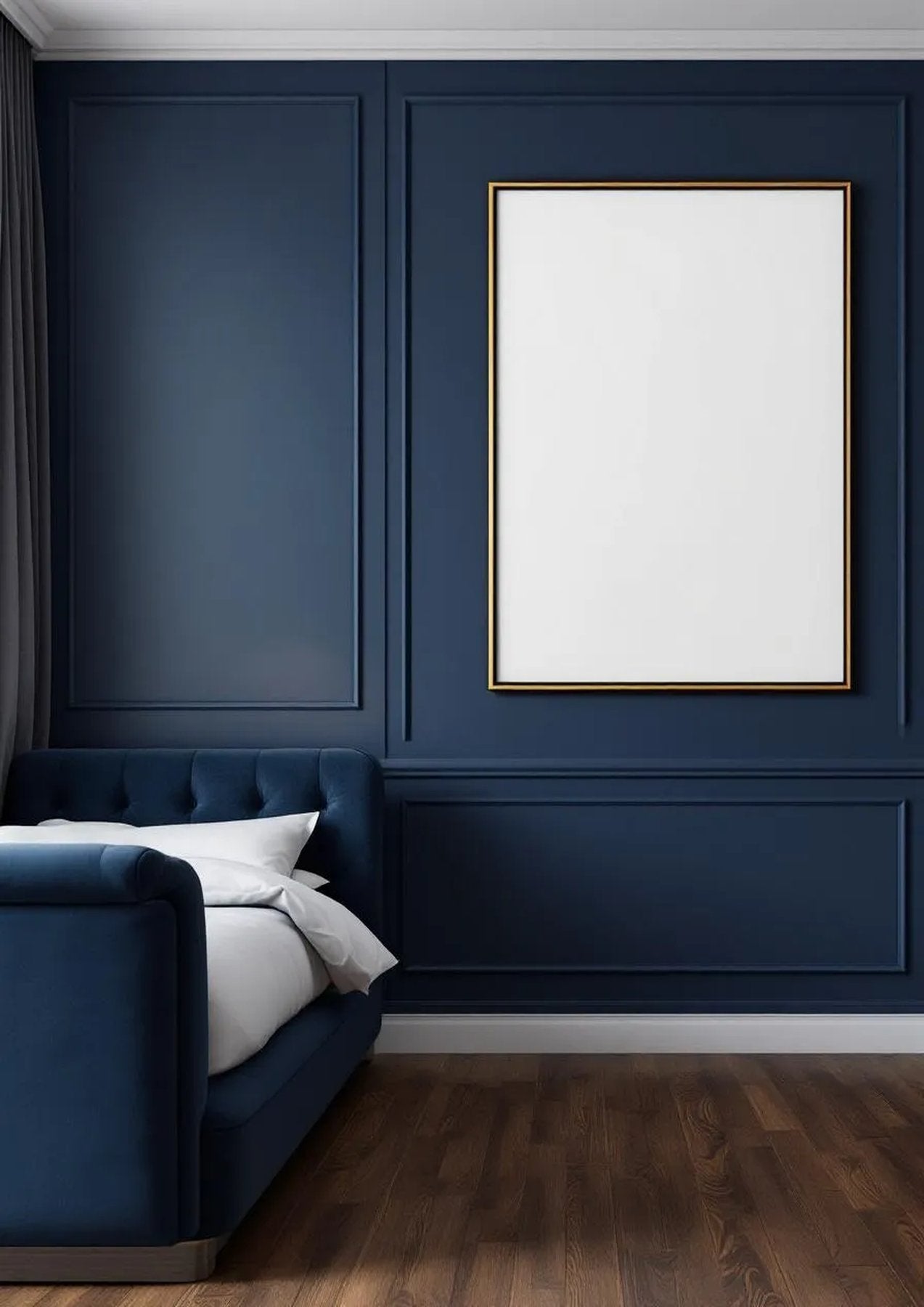 Bedroom Navy Professional Frame Mockup — Gold Frame Portrait 2:3 — Perspective View — #03969 | MockupBulk